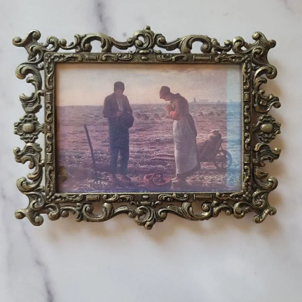 The Angelus vintage art print in golden bronze metal frame drought prayers rain